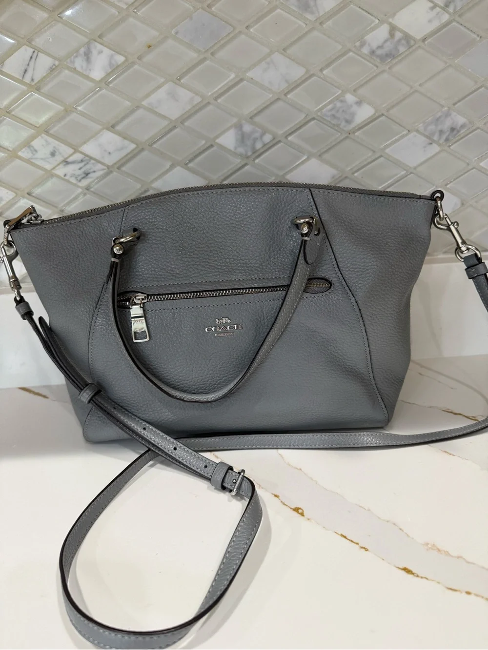 Coach Gray Pebbled Satchel Top Handle Bag w/ Detachable Strap & Wristlet